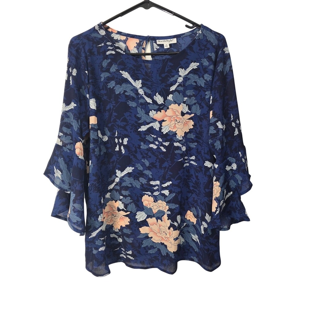 North Style Cottage Core Top S‎ Womens Coquette Blue Flare Sleeve Sheer Key Hole